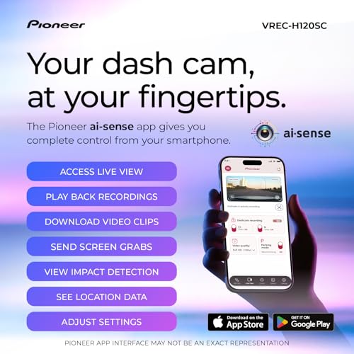Image of Pioneer VREC-H120SC Compact Dash Camera - Discreet 1.5K Resolution Front Dash Cam for Cars with Impact Detection, 120 Degree Wide Angle Coverage, Built-in WiFi, Companion App, USB-C Easy Install