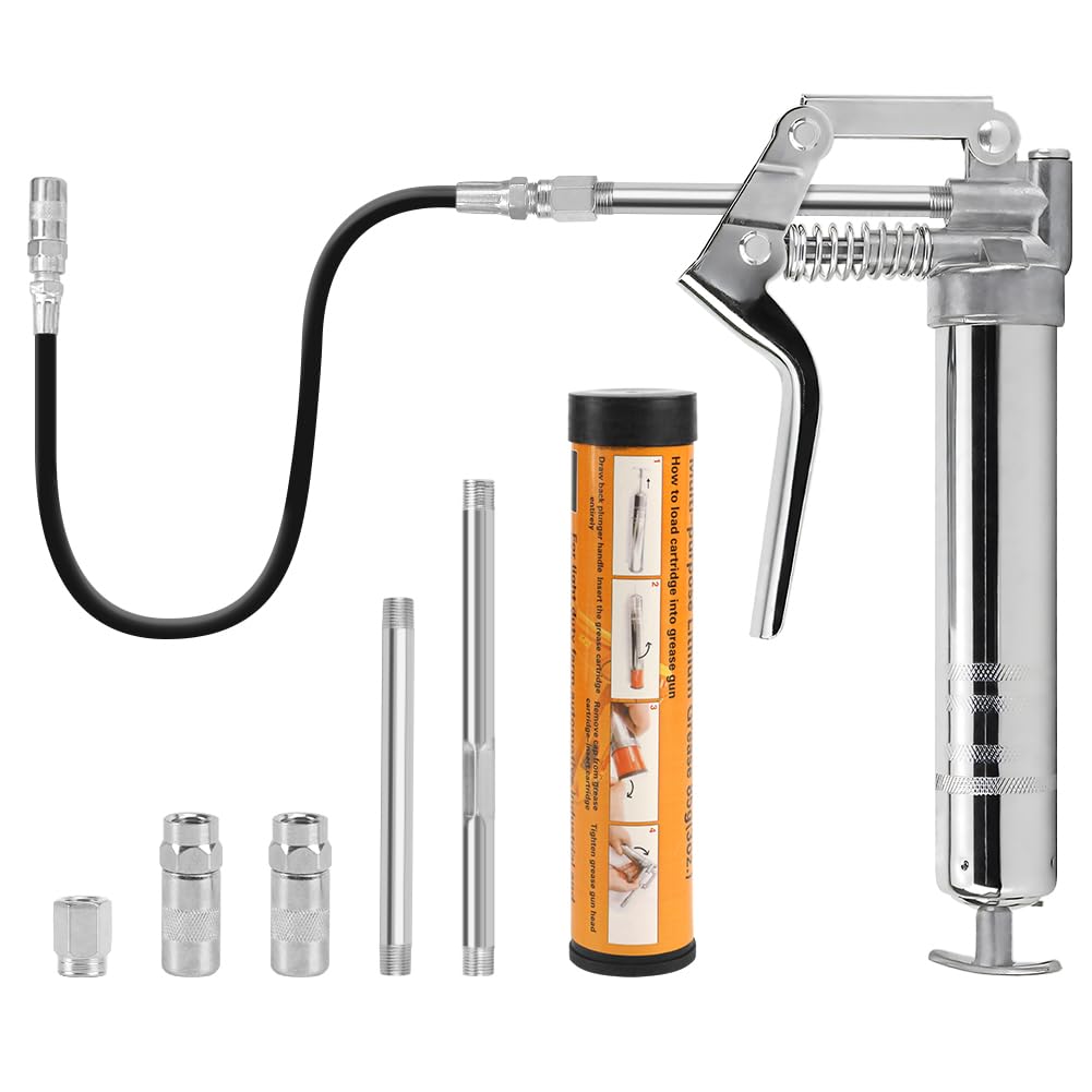 Cartlant Small Grease Gun, 4500PSI Mini Grease Gun with 85g Cartridge, 2Pcs 4 Jaw Couplers, Metal Pipes, Flex Hose, Pistol Grip Type Greasegun Kit for Chainsaw Marine Automotive Lawnmowers