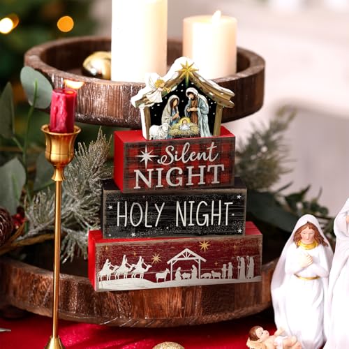 Image of Moucuny 4 Pcs Christmas Table Decor Wooden Christian Religious Decoration Nativity Scene Centerpiece Holy Night Tiered Tray Decor Red and Black Buffalo Plaid Block Signs Xmas Decoration for Kitchen