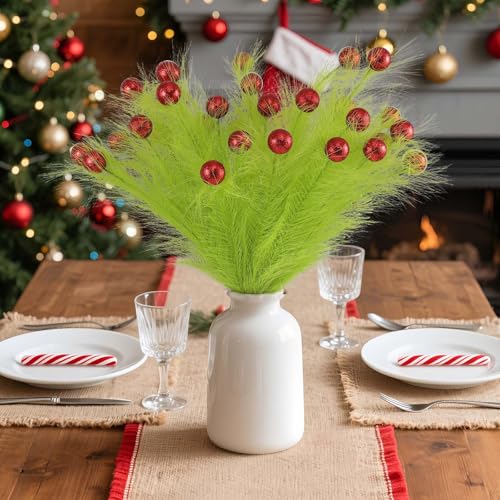 Hananona 30pcs 15 Christmas Picks and Sprays Christmas Tree Filler Green Curly Greenery Stems with Red Ball Xmas Artificial Stems for CraftsTree Decor Vase Fillers Home Decorations (30 Green)
