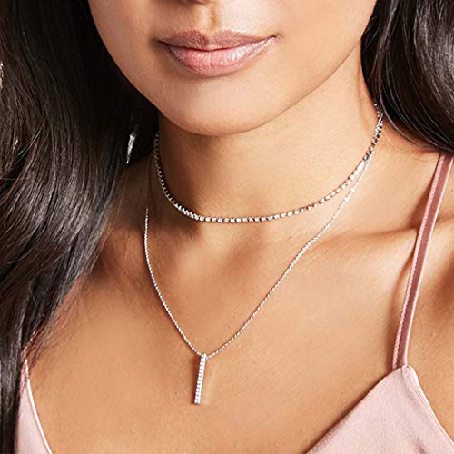 Preisvergleich Produktbild Jovono Boho mehrschichtige Halsketten mit handgefertigten Strass vertikale Anhänger Kette Schmuck für Frauen und Mädchen (Silber)