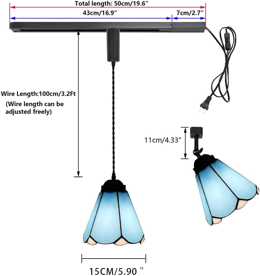 1x Plug in Cable Track Rail, 1X Adjustable Cord, 1x Adjustable Angle Handmade Glass Blue Track Lighting Fixtures H-Type Tiffany Style for Kitchen Loft(No Bulb)