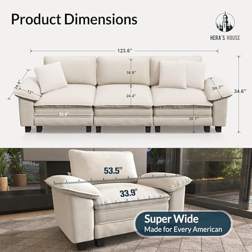Image of HERA'S HOUSE 124 inch Oversized Modular Sectional Straight Sofa,Chenille White | 3-Seater Living Room Couches, Wider Armrest and Deep Seat, Comfy Cloud Couch with Ottoman, Wood Sturdy Frame