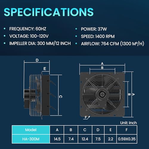 Image of HG Power Upgraded 12 Inch Shutter Exhaust Fan, 764CFM High-Speed, 1400RPM Wall-Mounted Ventilation Fan for Shed, Garage, Greenhouse - with Mesh Screen, ON /OFF Switch & 8FT Power Cord, Black