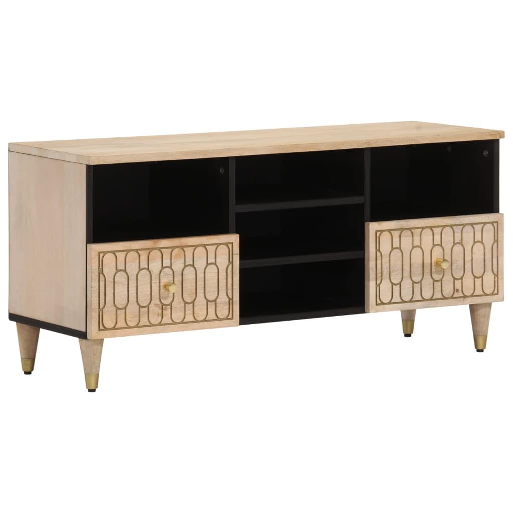 Szafka pod telewizor 100 x 33 x 46 cm z litego drewna mango, ręcznie rzeźbiona, wytrzymała podstawka pod telewizor do salonu, konsola multimedialna