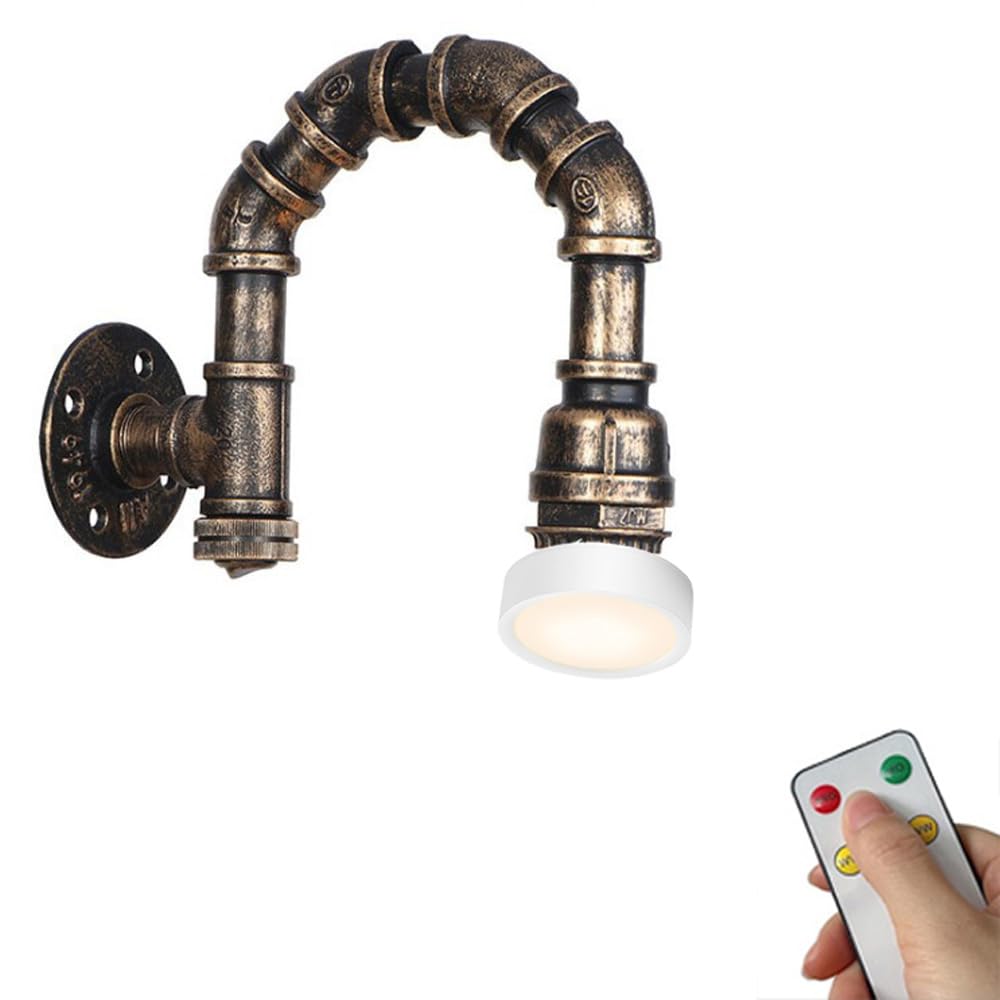 STUIJKVSZ Vintage Industrial Wall Sconce Battery Operated Rustic Farmhouse Cordless Rechargeable Wall Light with Remote Steampunk Pipe Water Tube Wireless Wall Lamp for Bedroom Bedside Headboard