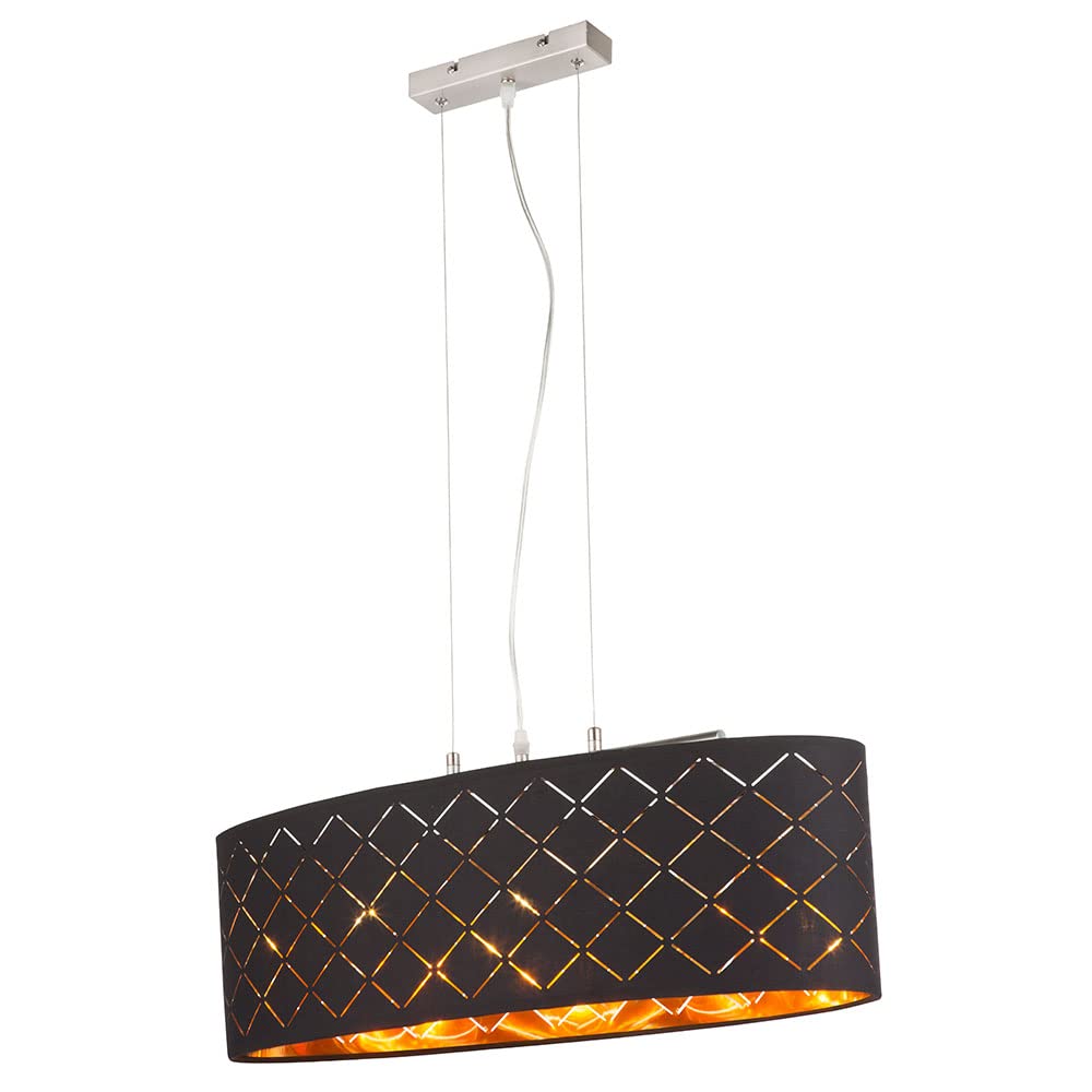 Deckenleuchte Lampe Wohnzimmer hängend schwarz gold Wohnzimmer hängend Hängelampe Esstisch, 3 Flammig Stanzungen, Metall Textil, 3x LED 7W 806Lm 2700K, LxBxH 65x25x140 cm
