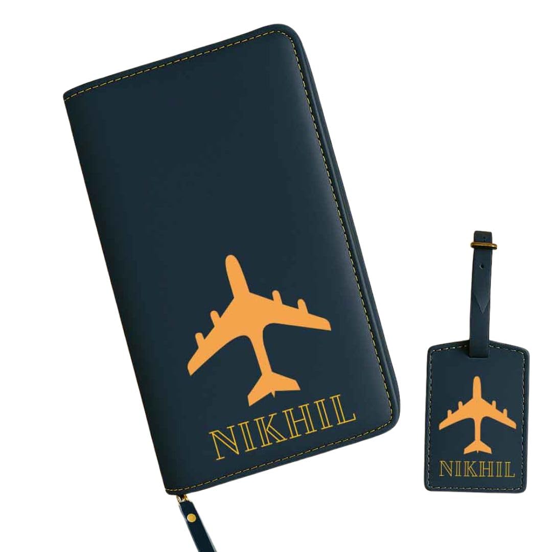 Customized Passport Pouch with Luggage Tag Set, Blue Faux Leather,Airplane Design, Multiple Card Slots-image-20