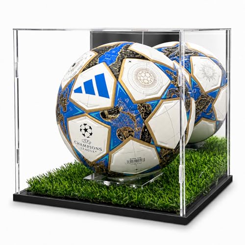 Soccer Ball Acrylic Display Case Clear Acrylic Soccer Ball Display Box with Mirror Back Artificial Grass Turf Black Base & Ball Stand Dustproof Showcase for Autographed Soccer Balls