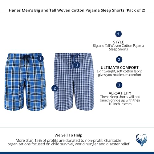 Image of Hanes Men's Big and Tall Woven Cotton Pajama Sleep Shorts (Pack of 2), 5X, Galapagos Blue and Navy