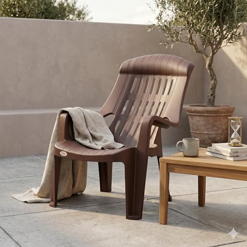 Image of Oaknest Supreme Comfy Relaxing Chair - Ergonomic High-Back Plastic Armchair for Home, Garden, Balcony & Patio | Heavy-Duty, Weather-Resistant & Easy to Clean | Globus Brown | Set of 1