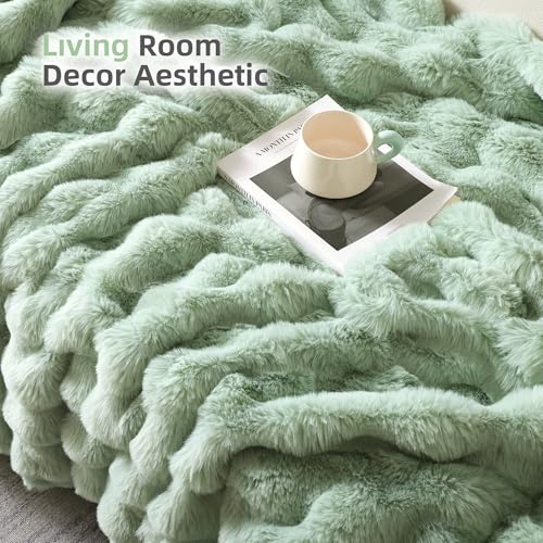 Smoofy Faux Fur Throw Blanket for Couch – Sage Fluffy Cozy Rabbit Fleece, Plush Soft Bubble Blanket for Sofa & Bed, for Mom, Warm Fuzzy Home Room Decor Throw 50" x 60"