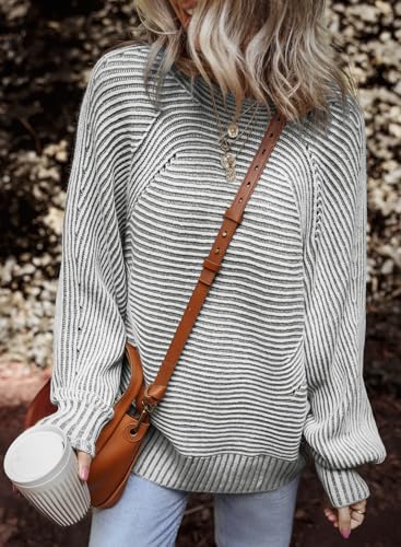 Image of EVALESS Striped Sweaters for Women Boat Neck Batwing Sleeve Oversized Pullover Sweater Tops Womens Fall Clothes Outfits