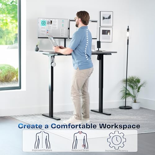 Image of VIVO Dark Gray 55 x 28 in Standing Desk, DESK-KIT-1B55G | Electric, Holds 220 lbs, Sit Stand, Height Adjustable, Solid One-Piece Table Top, Memory Presets, 1B Series, Black Frame