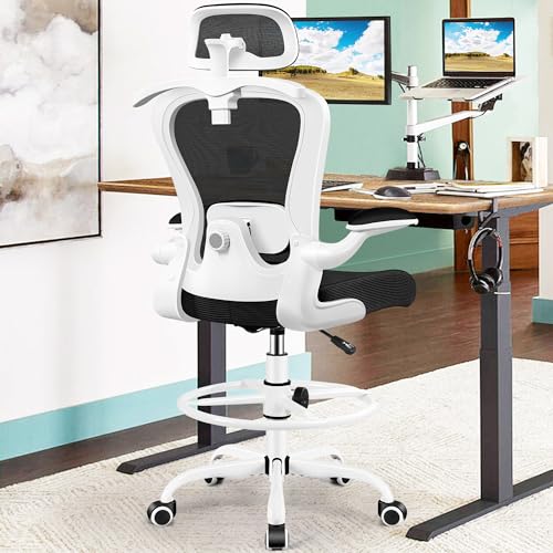 Image of Drafting Chair, Tall Office Chair with 3D Lumbar & Head Support, Ergonomic Mesh Standing Desk Chair with Footring, Comfy Extended High Desk Chair with Flip-Up Arms & Hanger,White