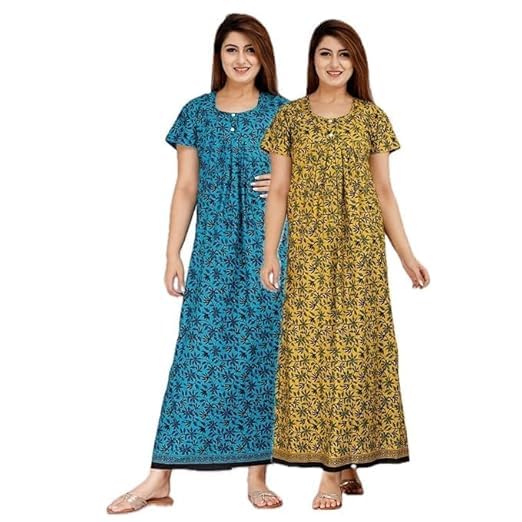 Image of OFEEFAN Cotton Nighty for Women - Pack of 2 Printed Maxi Gowns, Ankle-Length Night Dresses, Soft & Breathable Sleepwear - Free Size