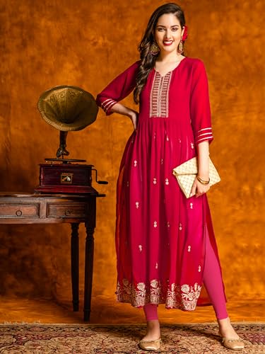 Image of EthnicJunction Women's Georgette Relaxed Fit A Line Embroidered Naira Cut A-Line Kurta | Karva Chauth Special Kurta