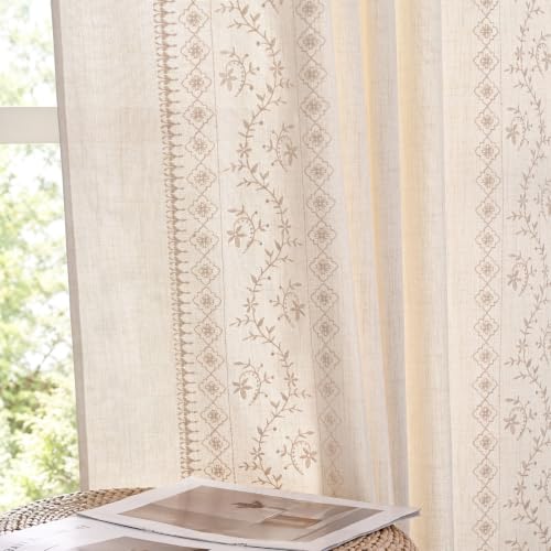 Image of Yinhua Boho Curtains for Living Room 84 Inch Long Beige Embroidered Floral Bedroom Curtains, Farmhouse Light Filtering Window Curtain Rod Pocket & Back Tab Drapes, 52 inch W x 84 inch L, 2 Panels