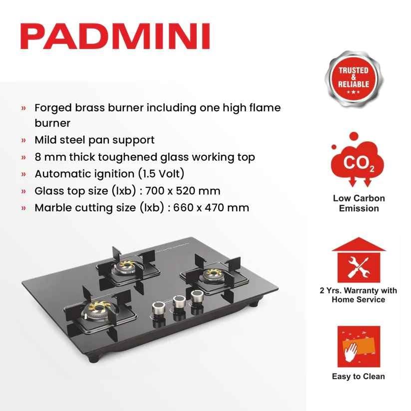 Padmini Indian Burner Auto Ignition 3 Burner Glass Built in Glass Gas Hob Black ISI Certified (304 GL IB HF) - Image 2