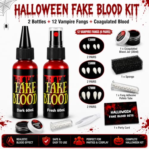 Halloween Fake Blood Kit,2.1oz Fake Blood Spray+2.1oz Dripping Blood+1.05oz Coagulated Gel Blood+12 PCS Horror Fangs+Stipple Spong,Realistic Effects Washable,for Clothes,Zombie Vampire Monster - image 2