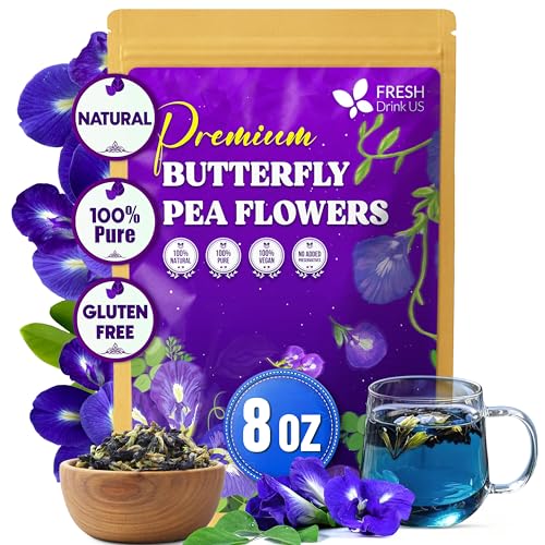 Image of FreshDrinkUS, Premium 8oz Butterfly Pea Flowers, 100% Natural & Pure from Whole Butterfly Pea Flowers Leaves, Wildcrafted, Blue Butterfly Pea Flowers Loose Leaf Herbal Tea, No Gluten, Vegan