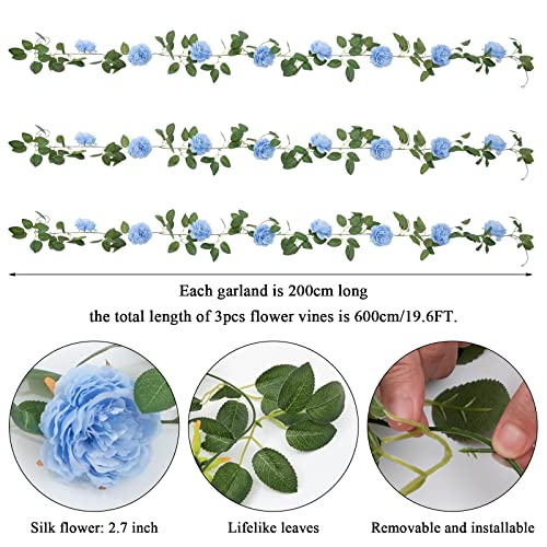 SHACOS 3pcs Artificial Flower Garland 3 Strand 6.0 m Long Fake Rose Garland Flower Vines for Wedding Party Home Garden Blue - Image 4