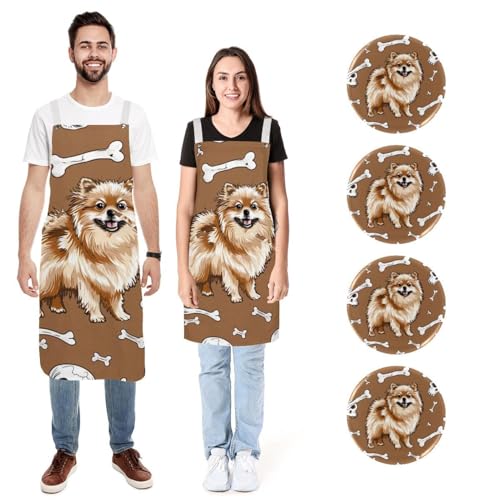 Tabliers de cuisine imperméables Lot de 2 avec poches Chien Poméranie