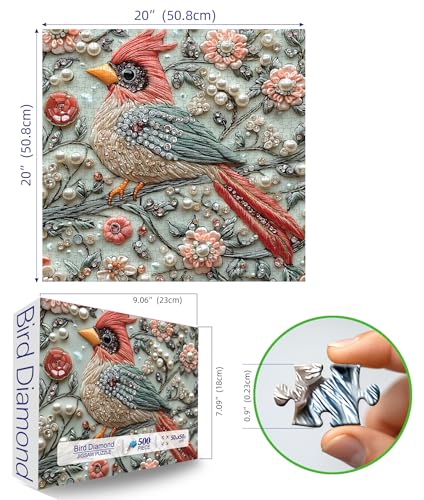 Image of Crystal Bird 500 Piece Puzzles for Adults Cute Cardinal Floral Art Jigsaw Puzzles Bird Diamond Puzzle with Letters on Back Hard Impossible Difficult Unique Challenging Family Puzzle(20 inchx20 inch)