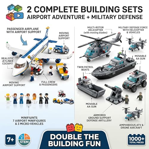 Image of SKY LINE OCEAN Airport Adventure & Naval Forces Building Block Combo Set, 622+ PCS Passenger Airplane, Airport Playset & 6-in-1 Naval Forces Construction Kit, 5-Year Structural Warranty