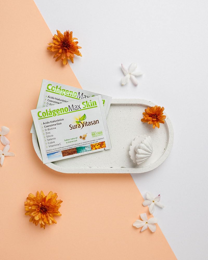 SURA VITASAN Colágeno Max Skin 30 Sobres – Péptidos de Colágeno Bioactivos con Ácido Hialurónico, Coenzima Q10, Biotina y Minerales – Cuidado de Piel, Cabello y Uñas – Sabor Natural a Maracuyá