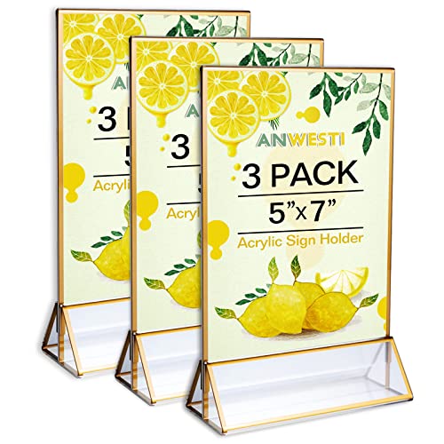 Anwesti Gold Picture Frames Acrylic Sign Holder 5×7, Acrylic Sign Holder for Menu, Table Number Holder, Wedding, Reception, 3 Pack Gold Acrylic Sign Holder