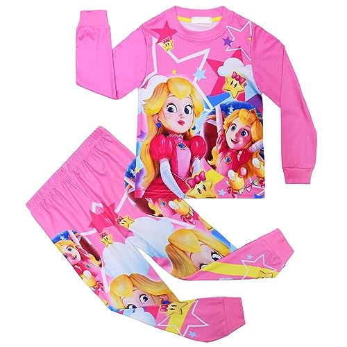 SharkBebe Girls Princess Peach Cartoon Pajama Sets Flower Kids 2 Piece Sleepwear Long PJs For Girls Cute Homewear (as8, age, 4_years, 5_years, regular, Pink02)