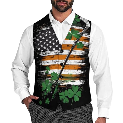 St And Patricks Hockey USA Flag Suit Vest for Men Waistcoat Dressy V Neck Button Down Sleeveless Business Jacket Coat