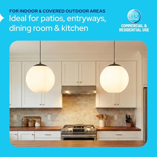 Image of KASTLITE 12 inch Acrylic Globe Pendant Light Fixture, 8W 3000K Filament LED Bulb, Ceiling Mount - Kitchen Pendant Lighting Over Island, Hanging Dining Light, Living Room Lamp - White Shade, Black Base