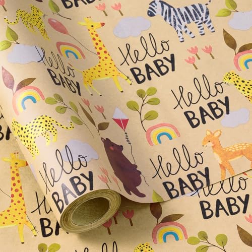 RUSPEPA Rolo de papel de embrulho para baby shower - 43,2 cm x 5 m - design de animais bonitos, papel kraft - ideal para embrulhar presentes de bebés ou neutros, festas de aniversário infantis