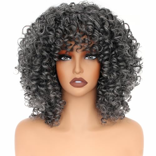 PORSMEER Perruque frisée 35,5 cm pour femme de couleur afro bombe avec frange en fibre synthétique sans colle, cheveux longs ondulés (noir mélangé blanc)