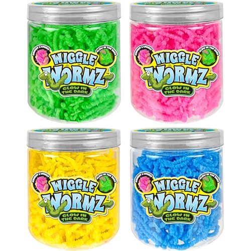 JA-RU Wiggle Wormz Glow in the Dark Squishy Sensory Worms Toy Jar (1 Jar) Stress Relief Fidget Sensory Play | Item #5357 (Assorted Colors, 4 Jars)