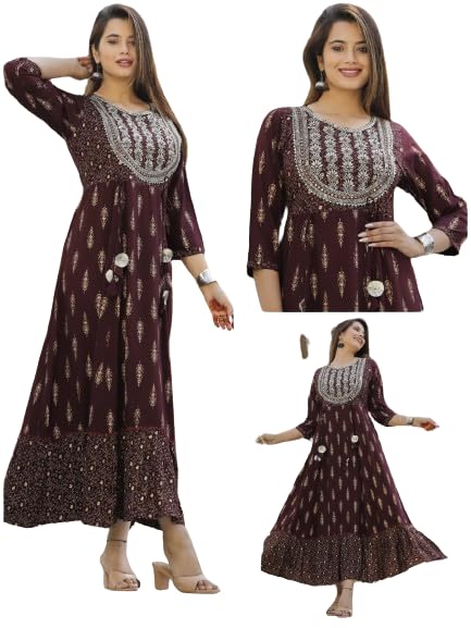 Image of Manbhar Fashion Embroidered Gown Women's Rayon Anarkali Gold Printed Kurti Floral Dress Gown Women Printed Pure Rayon Flared Kurta