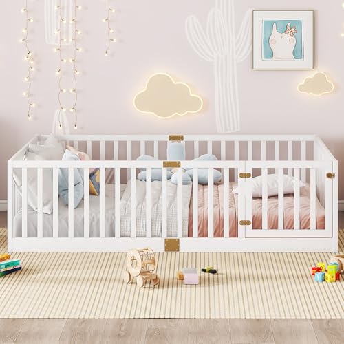 Image of Bellemave Full Size Kids Montessori Floor Bed Frame with Door and Slats,Solid Wood Floor Bed Frame with Slats and High Fence for Kids,Girls,Boys,White