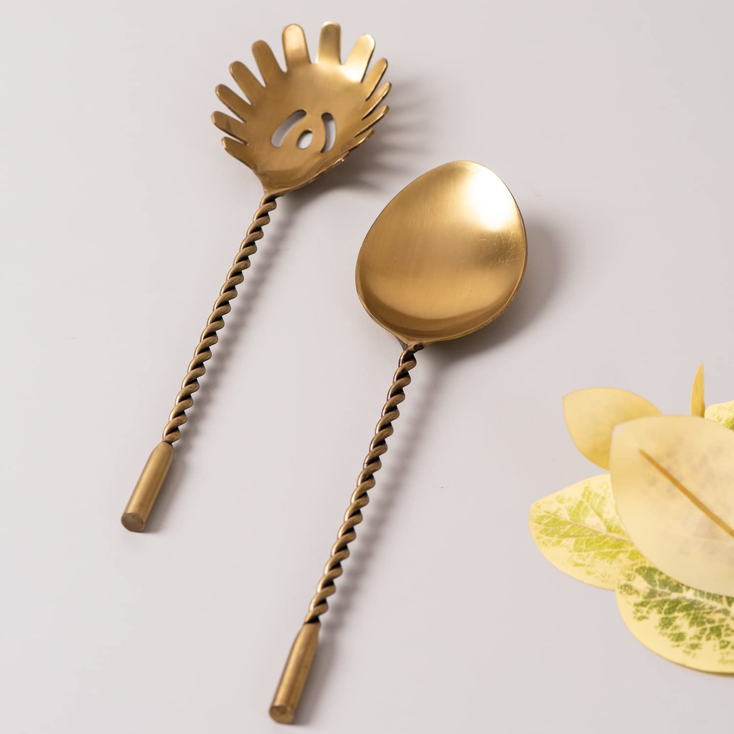 Nestroots Salad Serving Spoon set with long Designer handle Set of 2 for Dining Table/Kitchen | Serving Spoon Shiny Stainless Steel -Daily Home,Party or Restaurant Use(Gold)