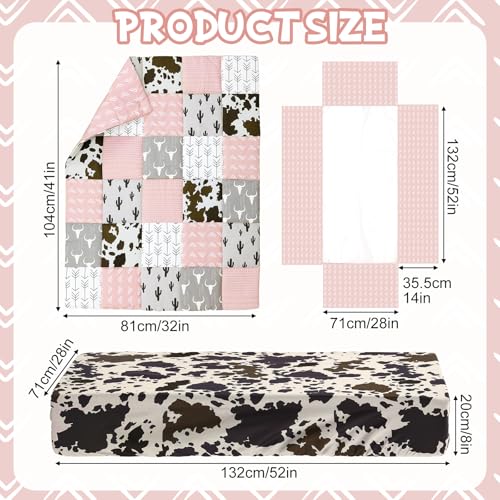 Image of Hahafelt 3 Piece Patchwork Western Crib Bedding Set for Boys Girls Cow Cactus Print Baby Bedding Barnyard Western Nursery Decor Soft Baby Bed Set Includes Quilt Fitted Crib Sheet Bed Skirt (Cowgirls)