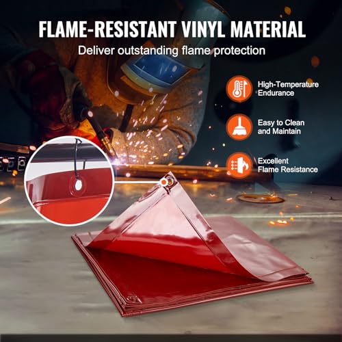 Image of VEVOR Welding Screen with Frame, 6' x 6' Welding Curtain Screen, Flame-Resistant Vinyl Welding Protection Screen on 4 Swivel Wheels (2 Lockable), Moveable & Professional for Workshop /Industrial, Red