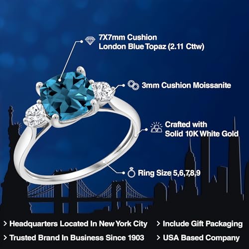 Gem Stone King 10K White Gold London Blue Topaz and White Moissanite 3-Stone Engagement Ring For Women | 2.11 Cttw | Cushion 7MM | 3 Stone Wedding Anniversary Promise Ring2