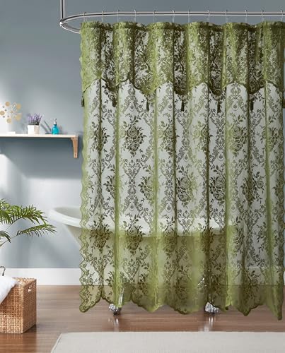 Warm Home Designs Sage Green Lace Shower Curtain 72 x 72 with Attached Valance & 7 Tassels. Luxury Farmhouse Shower Curtains for the Bathroom or Boho Shower Curtains for Bathroom. LA Sage 72