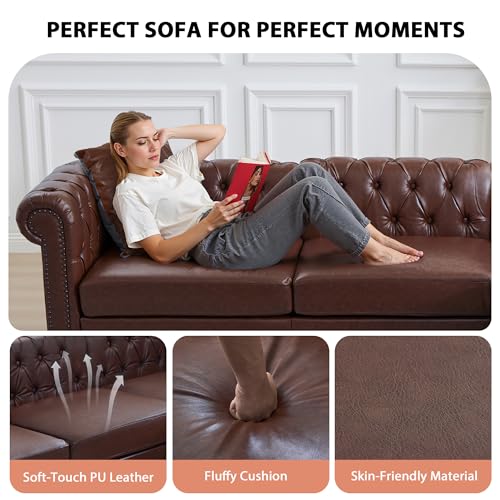 Image of LEVNARY 108 inch L-Shaped Chesterfield Sectional Couch with Movable Ottoman, Upholstered PU Leather 4-Seat Couch with Rolled Arms, Mid-Century Corner Sofa for Living Room Bedroom Office (Dark Brown)