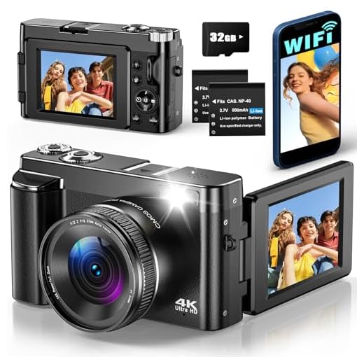 Fotocamera Digitale con WiFi 4K 64MP Macchina Fotografica Digitale Compatta per Vlogging con Schermo Ribaltabile 180°, Zoom Digitale 16X, Autofocus, Anti-Shake, Scheda Da 32 GB, 2 Batterie