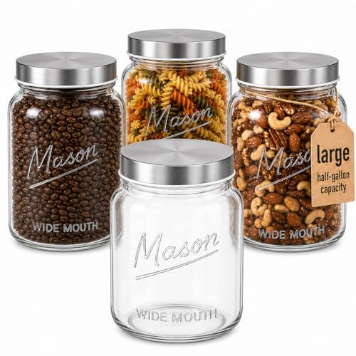 kitchentoolz Half Gallon Glass Mason Jars with Extra Wide Mouth & Metal Lids - Airtight Food Storage & Canning Jars with Measurement Markings - 1/2 Gallon Mason Jar (4pk)