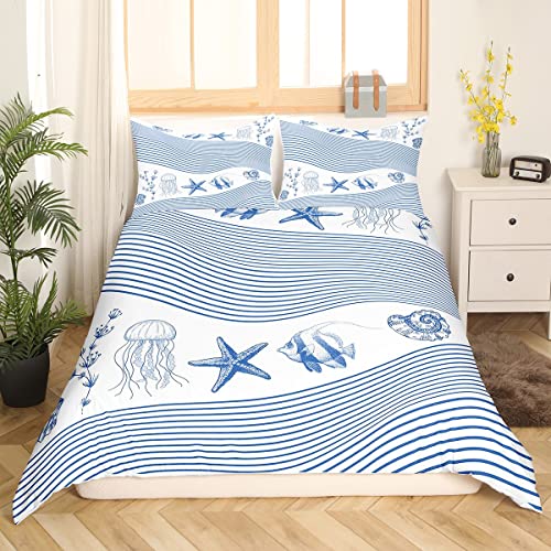 Homemissing Parure Thème Océan Mer Housse de Couette Méduse Étoile de Mer Créature Sealife Stripe Parure de Lit 220x240cm Bleu Blanc Housse de Couette Décor de...
