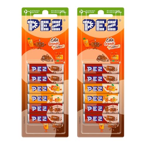 Refill Sweets Packs Assorted Flavours - Compatible with PEZ Candy Dispensers 2 x 6 Packs (Cola & Orange)