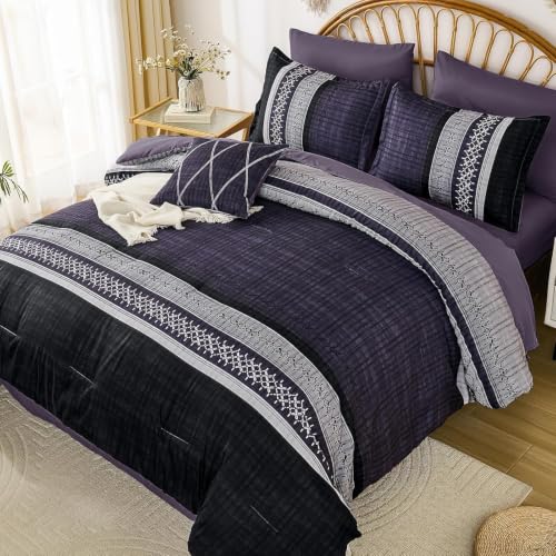 Image of Dintszyayue Purple Cal King Comforter Size Set, 8 Pieces Boho Striped Texture Bed in a Bag Sets, Lightweight Soft Bohemian Comforter and Sheet Set, All Season Microfiber Bedding Sets for Men Women